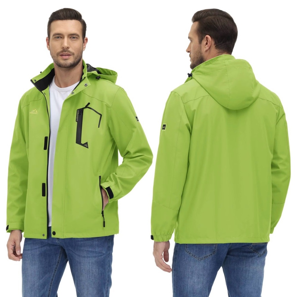 Men's Lime Green Hooded Rain Jacket with Zip Chest Pocket